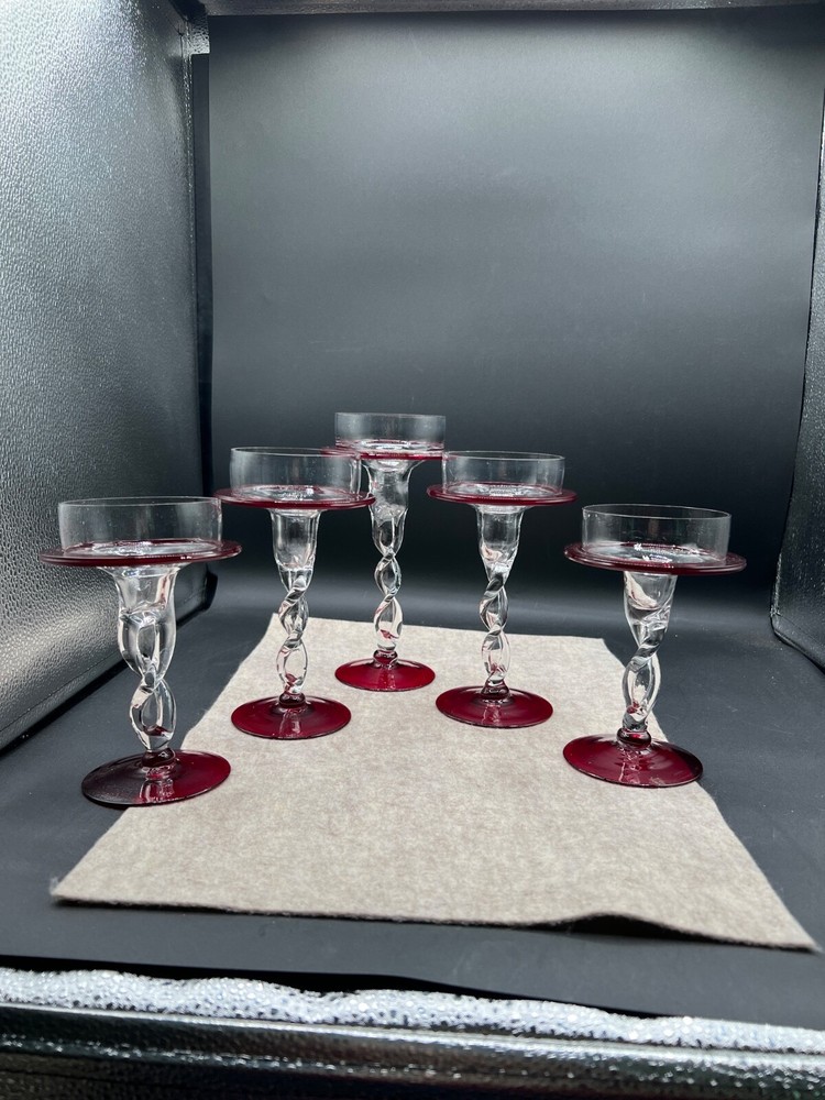 Vintage 5 Red/Clear Glass Candle Holder Swirl Twisted Stem 8