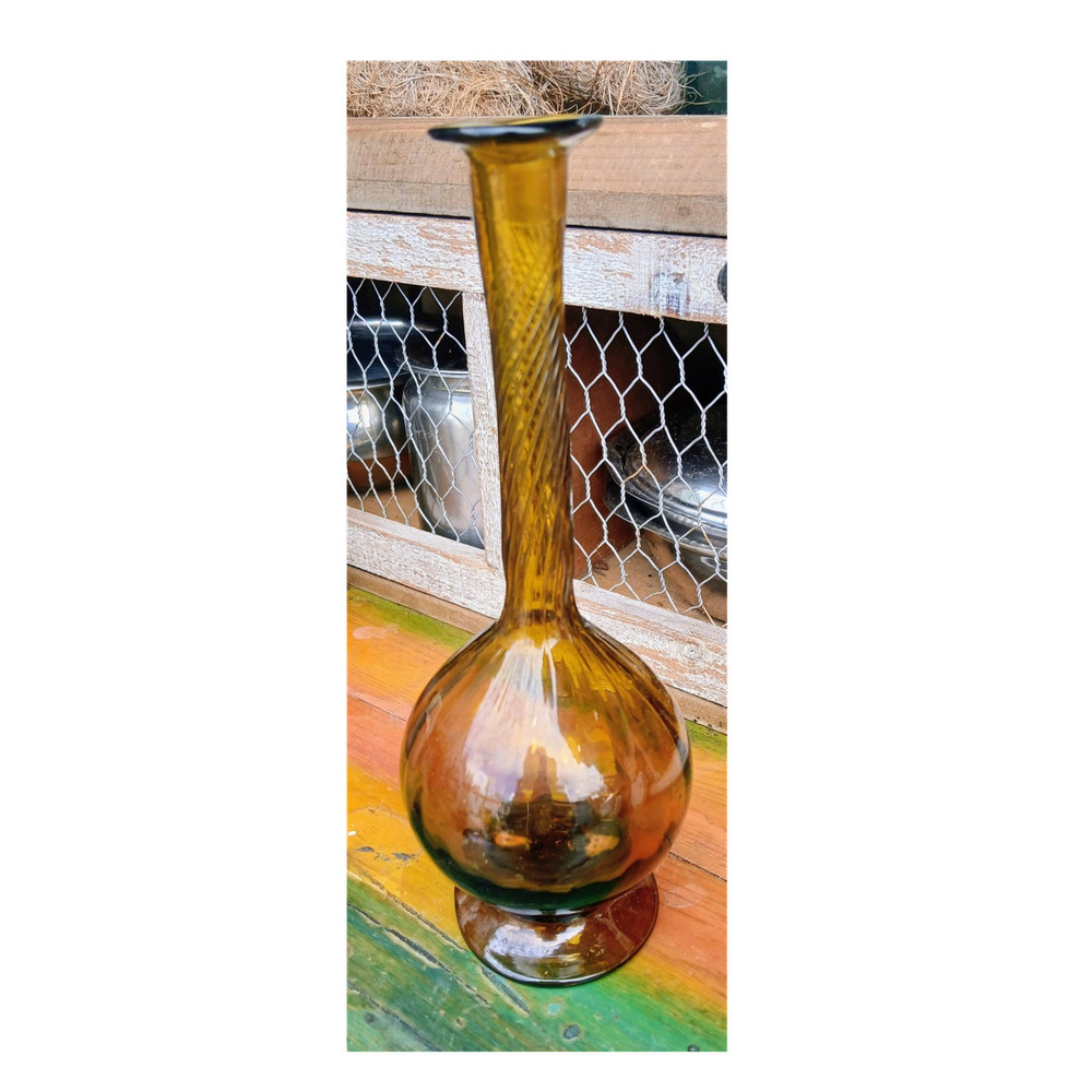 Vintage Amber Twisted Swirl Art Glass Swirl Design Handblown  Vase