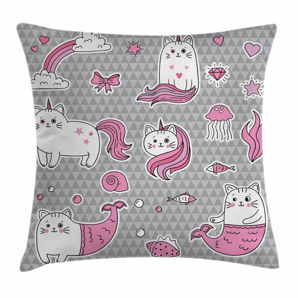 Adorable Unicorn Mermaid Cat Square Pillow Cover 16 Inches Design
