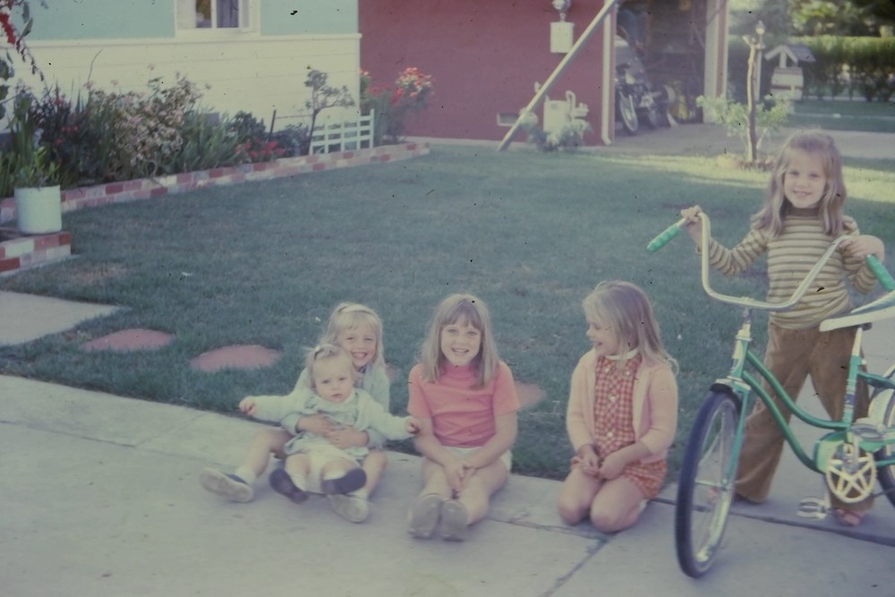 1960s Ektachrome Border 35mm Slide Four Girls Bicycle Home Yard Scene