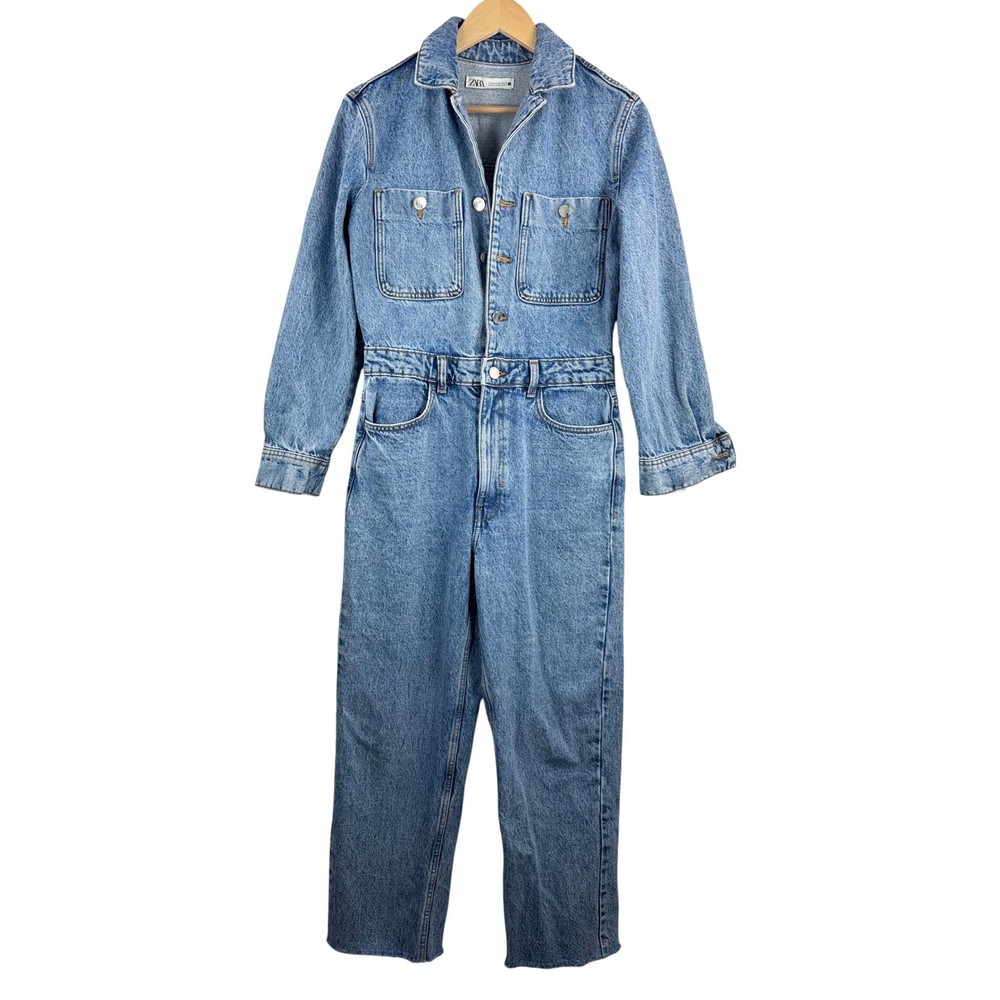 Zara Denim Jumpsuit sz M Blue Long Sleeve Utility Boiler Suit 90s boho