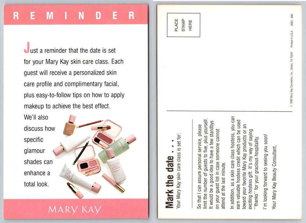 1990 Mary Kay Cosmetics Skincare Class Reminder Postcard Vintage Beauty