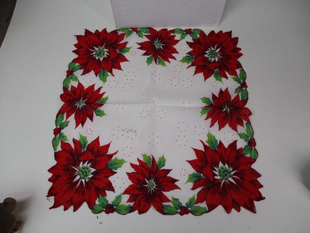 Vintage Cotton Christmas Hankie Handkerchief #2 - Big Bold Poinsettia