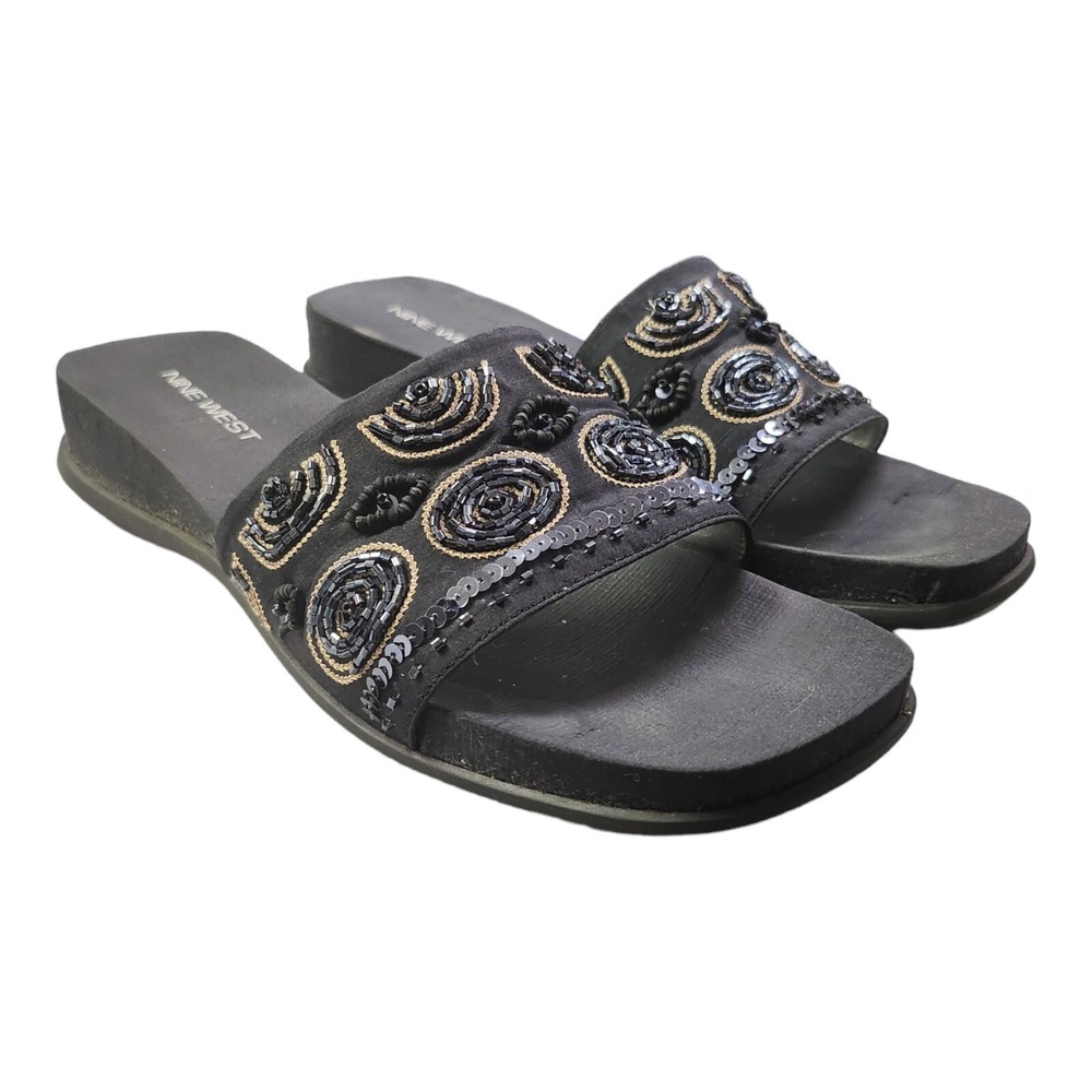 Nine West Luckily Black Open Toe Slide Sandals Size 7.5M