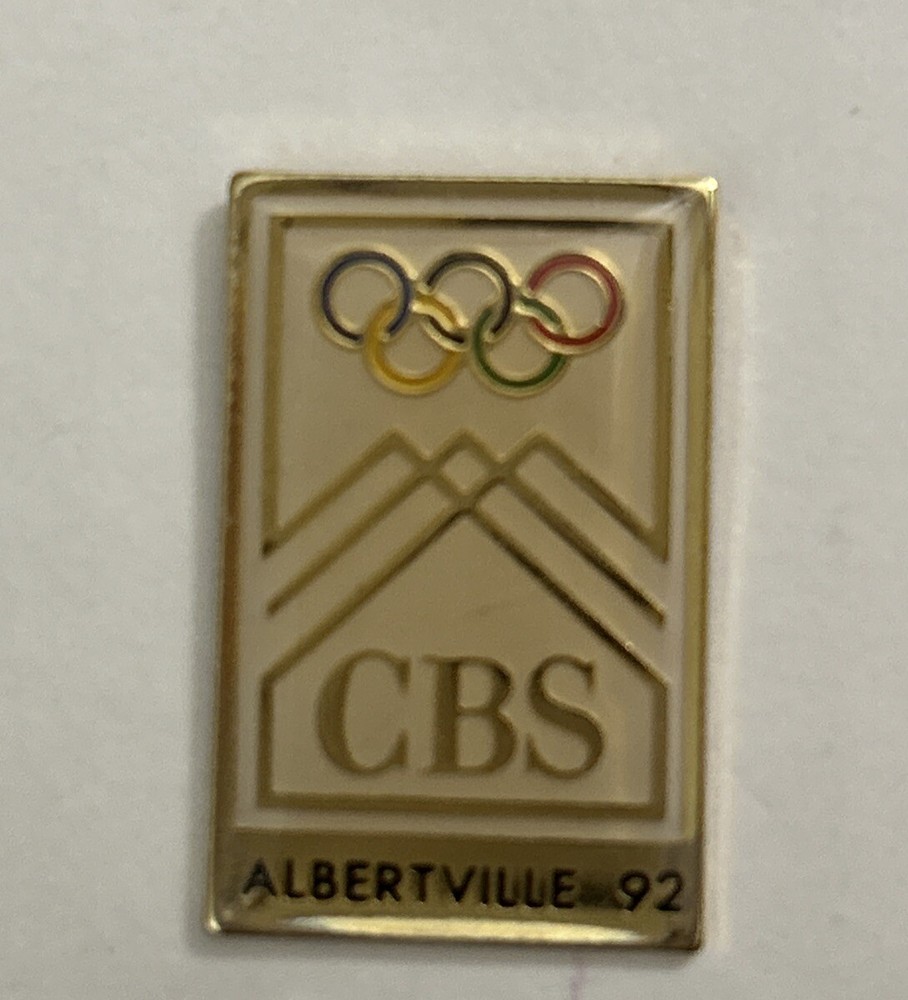 Vtg 1992 PIN Olympics CBS Albertville Hat / Lapel Pin Gold Tone Olympic Rings TV
