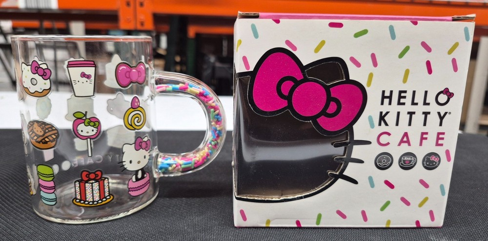 Hello Kitty Cafe Exclusive Treats & Sprinkles Clear Glass Limited Edition Mug!!!