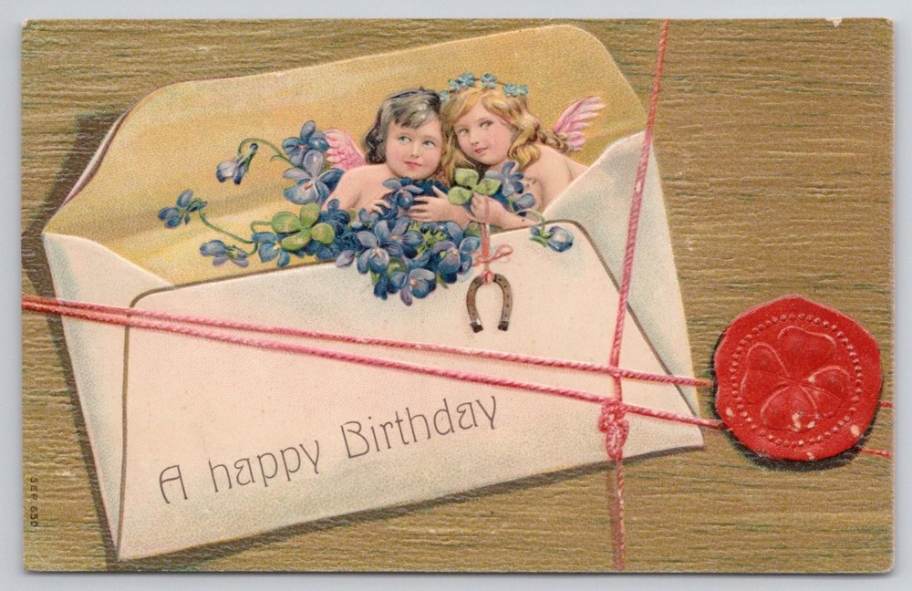 1908 Embossed Birthday Postcard Cherubs Angels Blue Flowers Wax Seal NJ Postmark