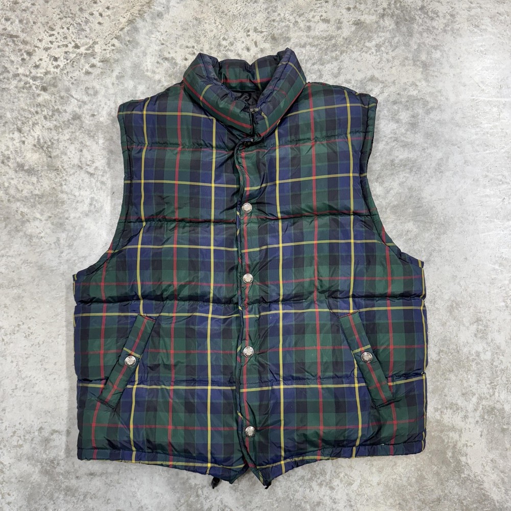 Banana Republic Vest Mens Large Green Plaid Down Puffer Snap Outdoor Classic