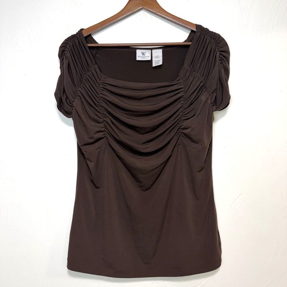 Worthington Stretch Women's Brown Ruched Short Sleeve Blouse Shirt Size Large