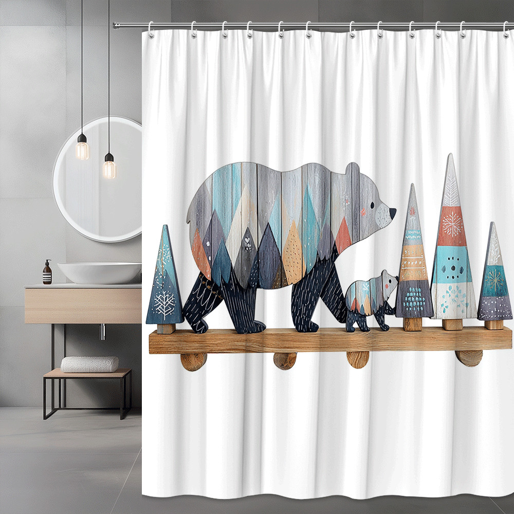 Bear and Christmas Tree Shower Curtain, Rustic Holiday Graphic Print