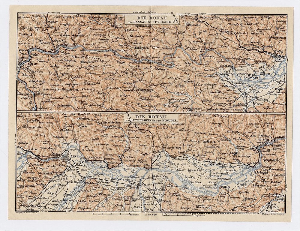 1910 Original Antique Map Of Danube River Donau Linz Passau / Austria Germany