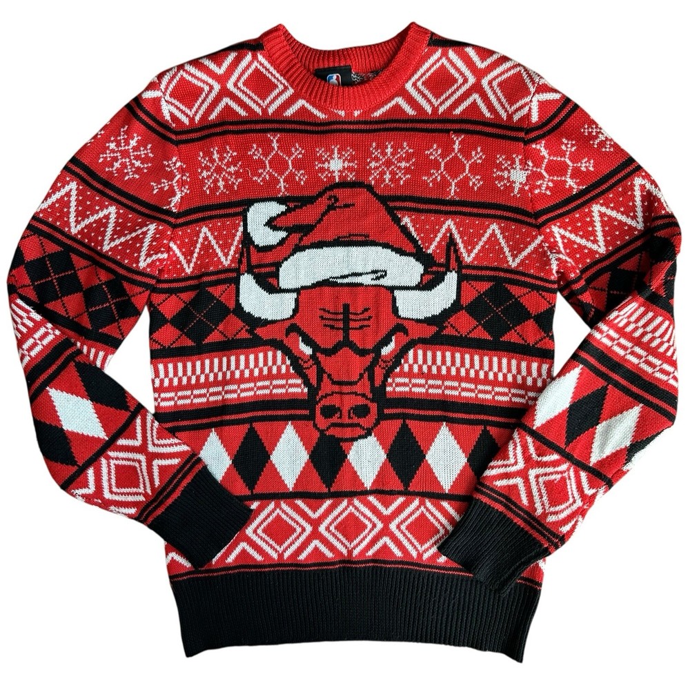 NBA Chicago Bulls Ugly Christmas Sweater Red Snowflake Knit Men’s S Holiday