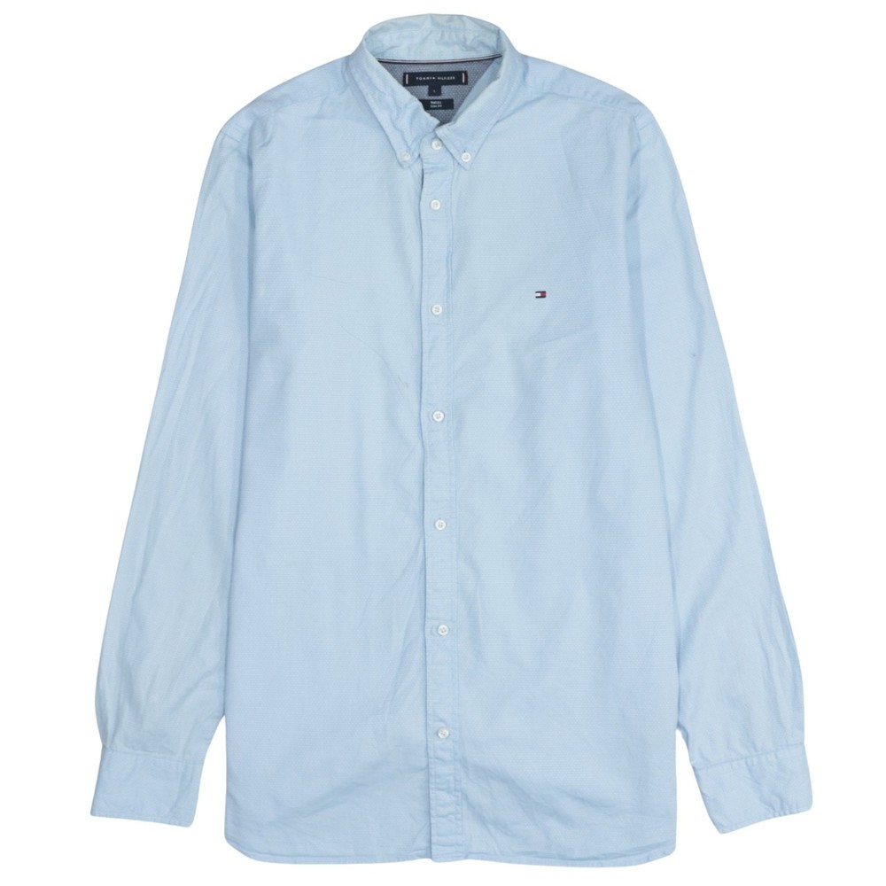 Tommy Hilfiger Womens Shirt Light Blue Button Up Oxford Embroidered Flag L