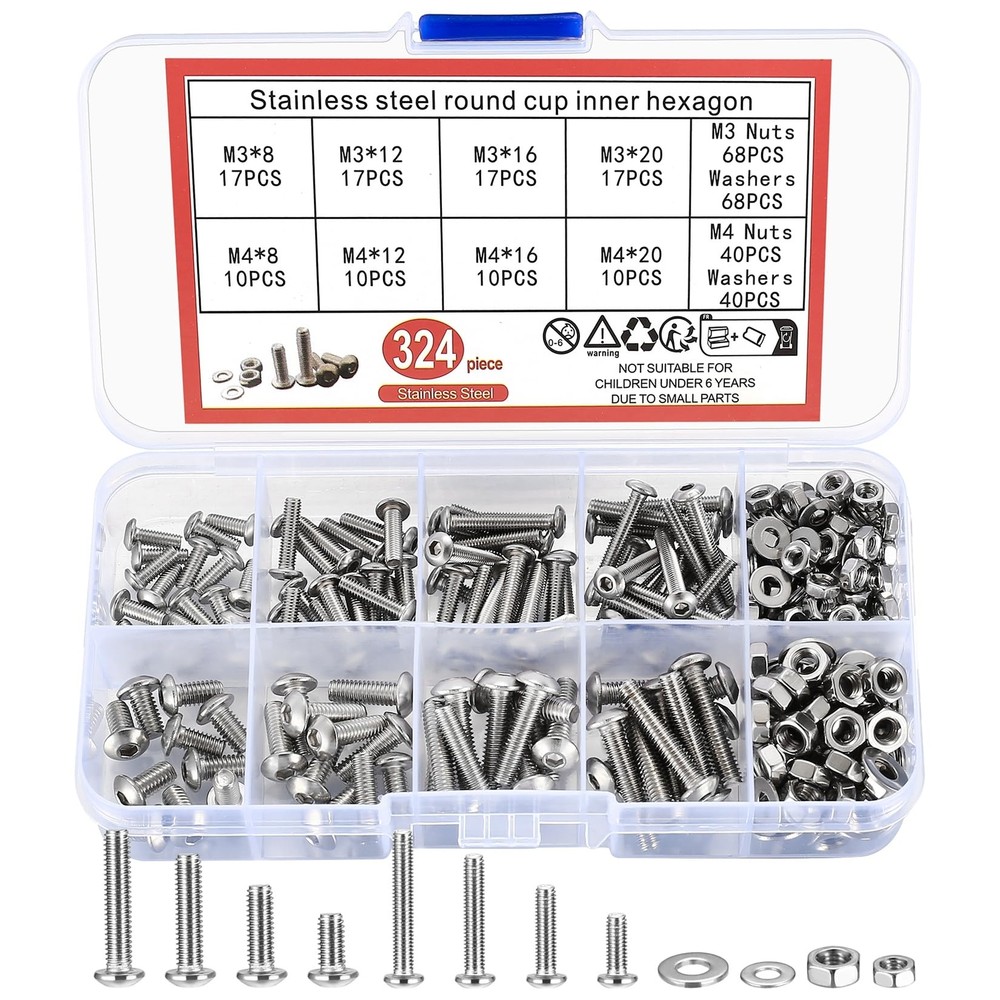 324 Pcs Metric Screw Assortment Kit, Metric Screws Bolts and Nuts and Washers
