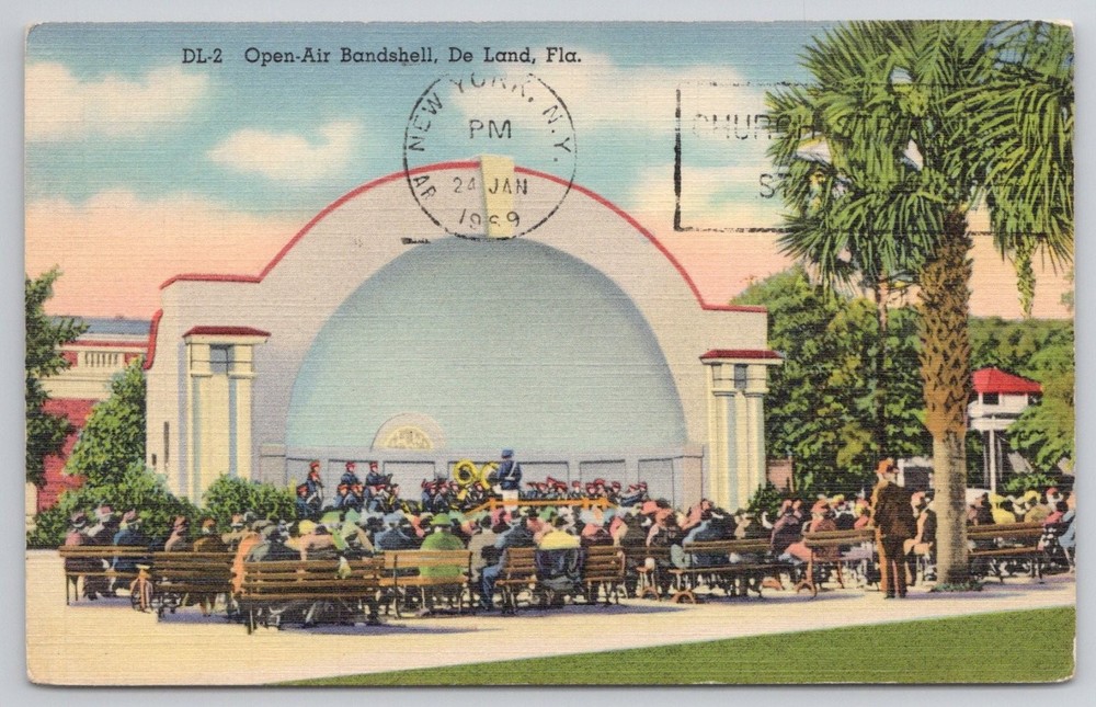 DeLand Florida Open-Air Bandshell Linen Postcard 1937 Curt Teich