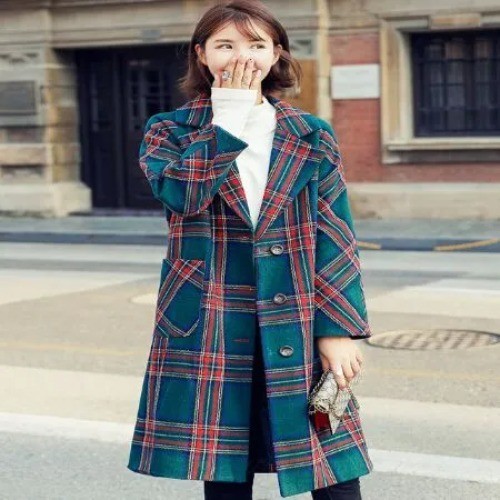 Women’s Long Plaid Wool Blend Coat Green Red Checkered Overcoat Jacket