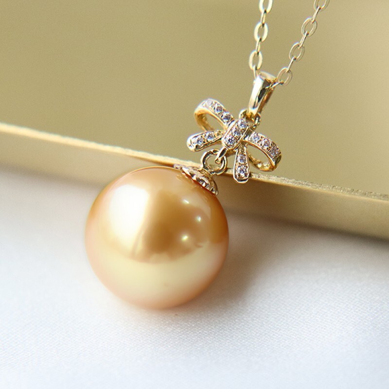 Top Natural 14mm South Sea Gold Pearl Pendant Necklace, 18K Gold, Strong Luster