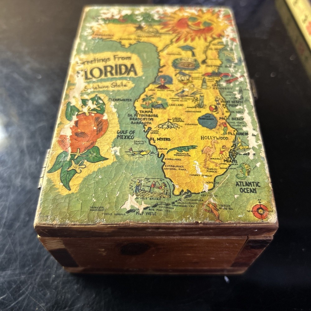 Florida Souvenir Trinket Jewelry Box Cedar Wood Vintage Storage Map Mid Century