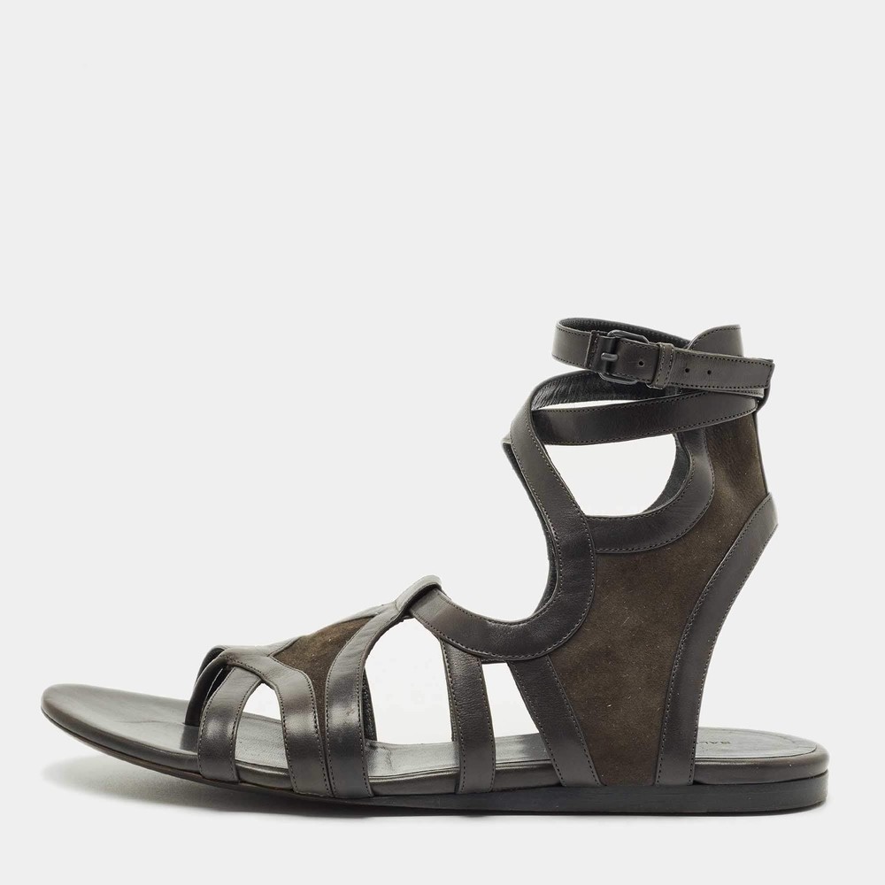 Balenciaga Green Leather and Suede Strappy Flat Sandals Size 40