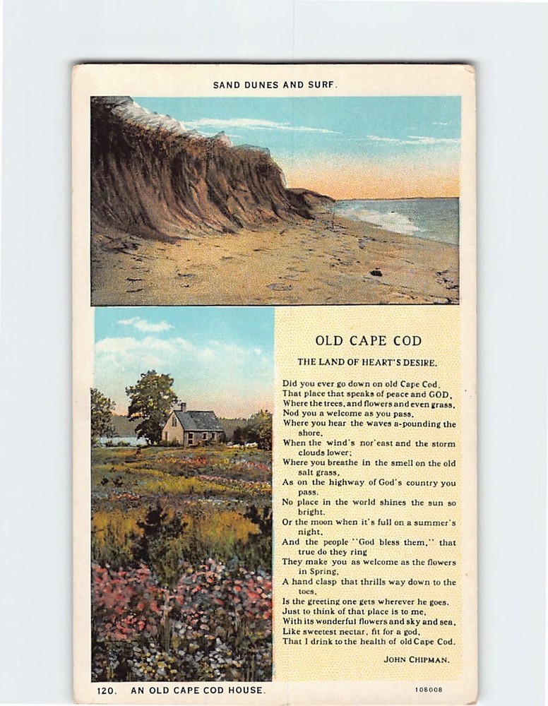 Postcard An Old Cape Cod  House Sand dunes & surf Poem Massachusetts