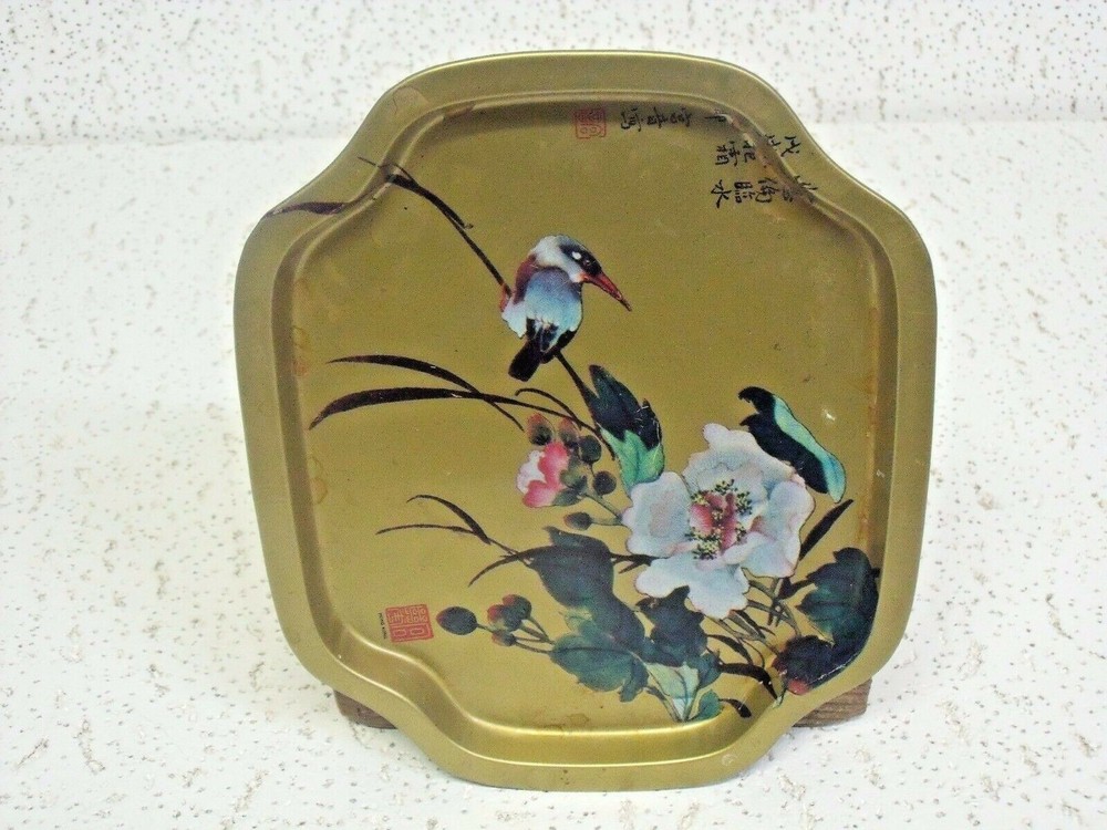Asian Artwork on gold tone Trays 4  Beautiful Birds / Floral Tip Tray Wall Art