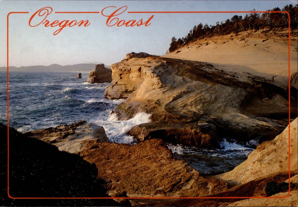 Oregon Coast Cape Kiwanda at sunset aerial view ~ unused postcard sku237