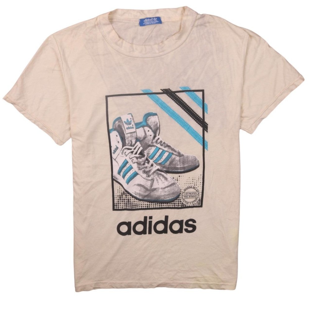Adidas Mens T Shirt Cream Graphic Adidas Trainers Print Trefoil Logo Oversized S