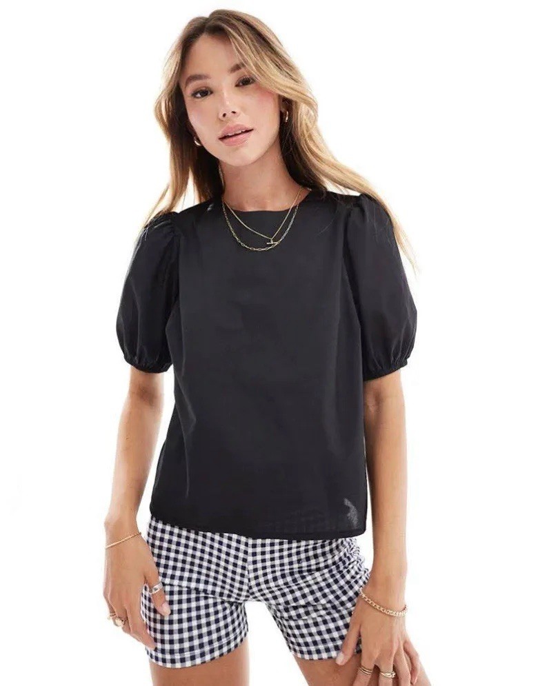 ASOS DESIGN puff sleeve cotton top in black