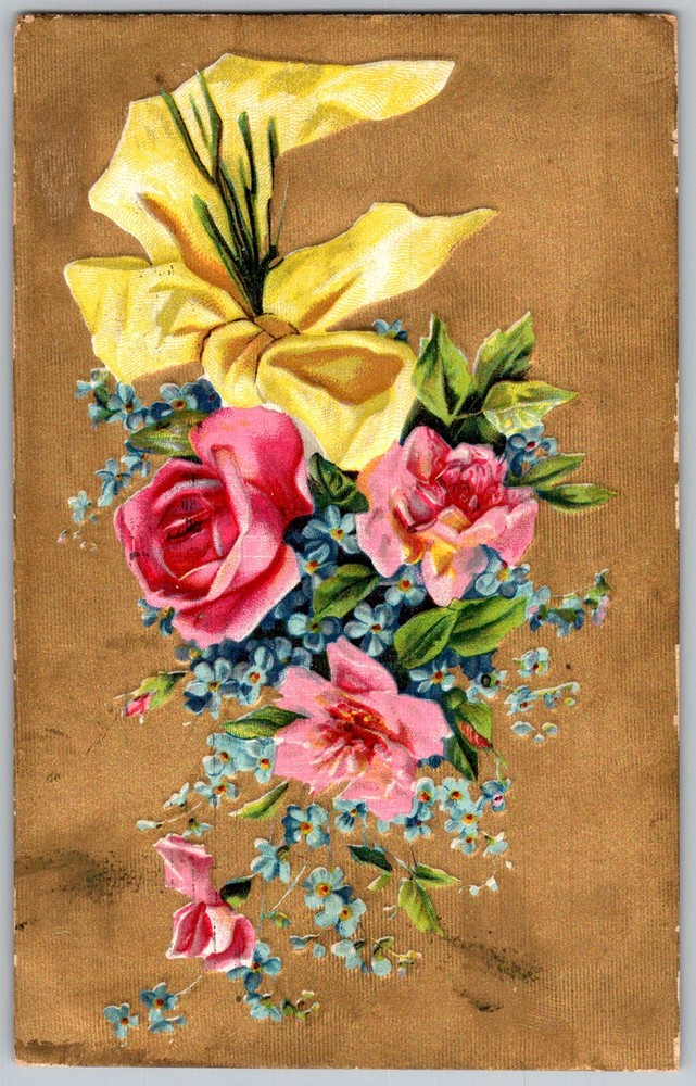 Antique Postcard Floral Bouquet Yellow Bow Owego, NY 1900s