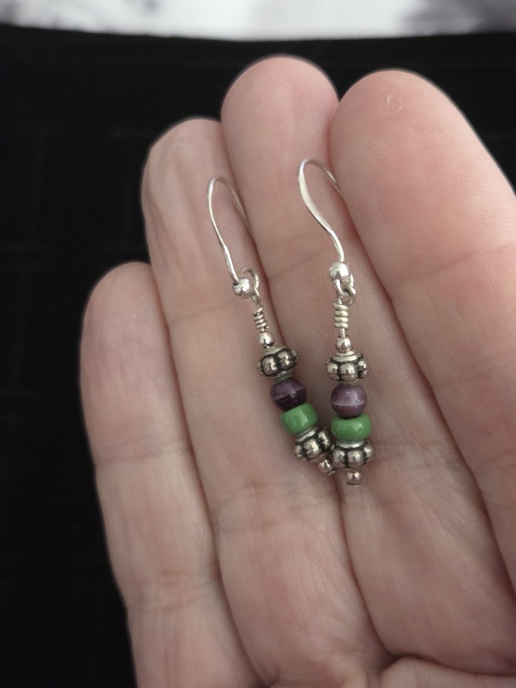 Vintage Sterling Silver Earrings. .925 dangle Glass Beads Green Purple