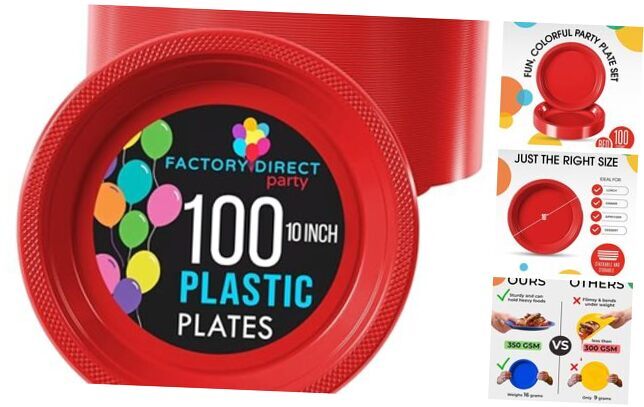 Plastic Plates, 100 Count 10 Inch Disposable Plates for Party, 10 Inch. Red