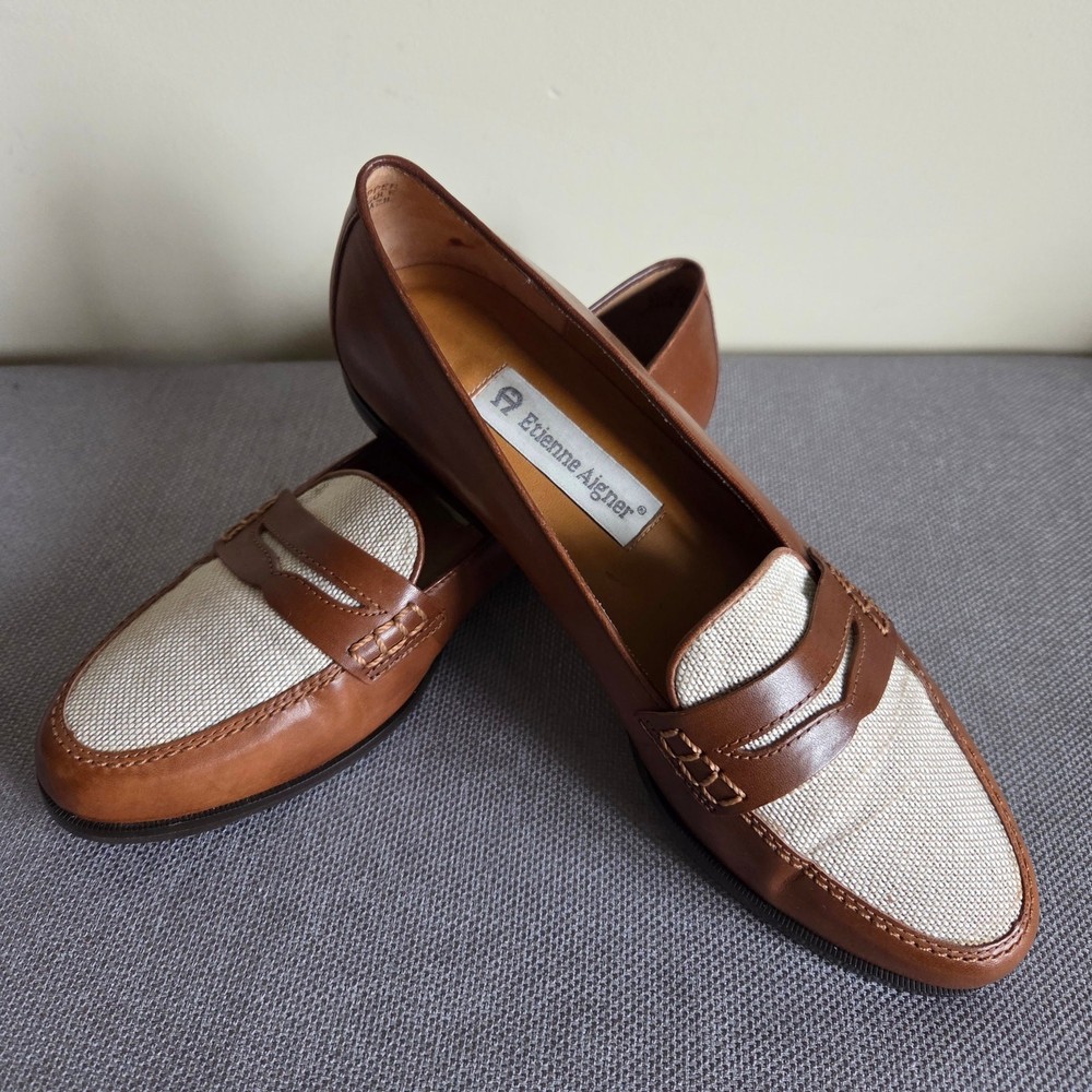 Etienne Aigner Michele 6M Leather Flat Penny Loafer Shoes Chestnut Brown Ivory