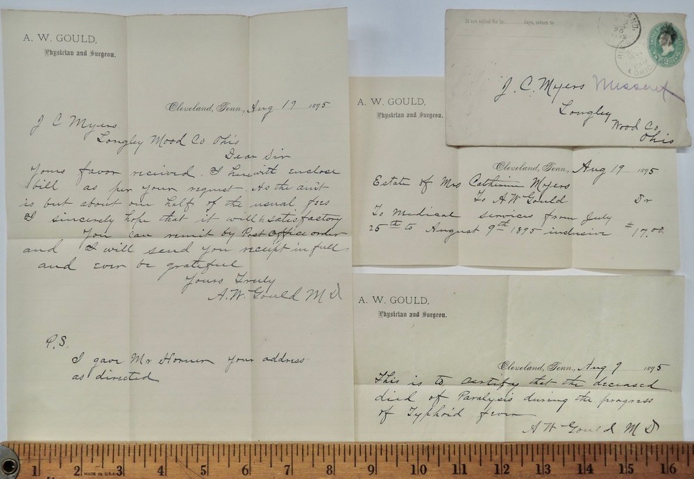 1895 Death Certificate Due To Typhoid Cleveland Tenn Longly Ohio