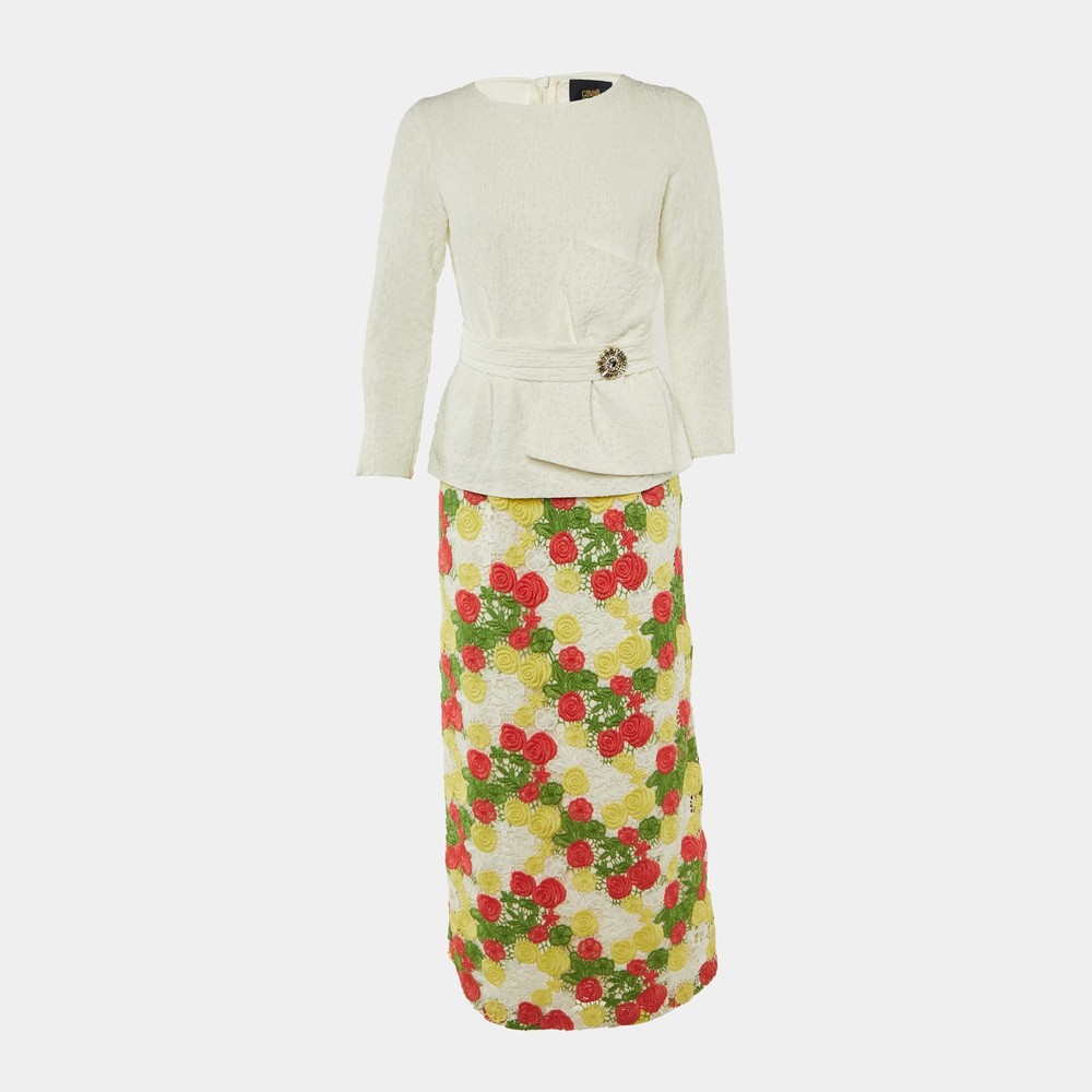 Class by Roberto Cavalli White Crepe Floral Lace Peplum Maxi Dress M