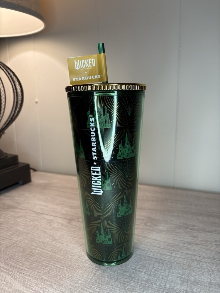 Wicked x Starbucks Emerald City Green Gold Cold 24oz Tumbler Cup NEW