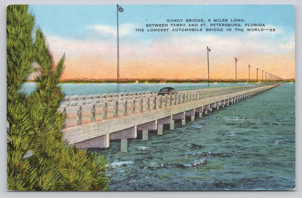 Gandy Bridge Florida Linen Postcard St. Petersburg Tampa Longest Automobile