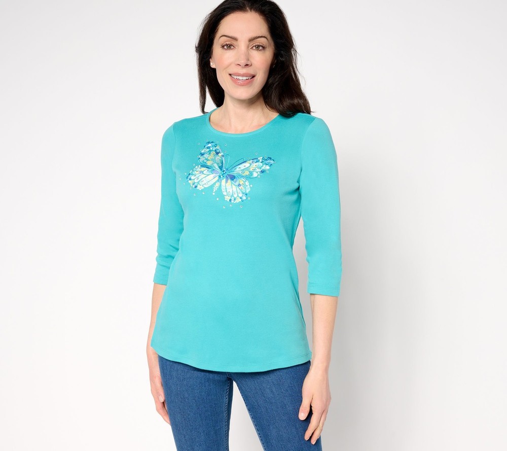 SUNNYLiFE Women's Top Plus Sz 1X Floribunda Butterfly Embroidered Green A636785