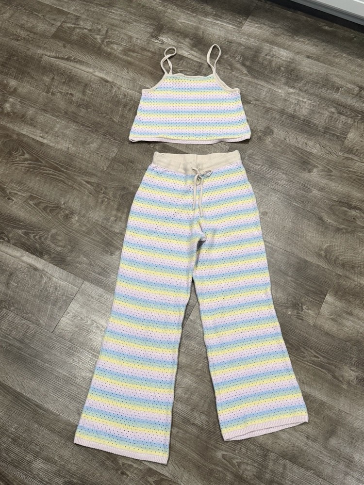 Anthropologie Saturday Sunday Taleen Rainbow Stripe Crochet Knit Lounge Set SM