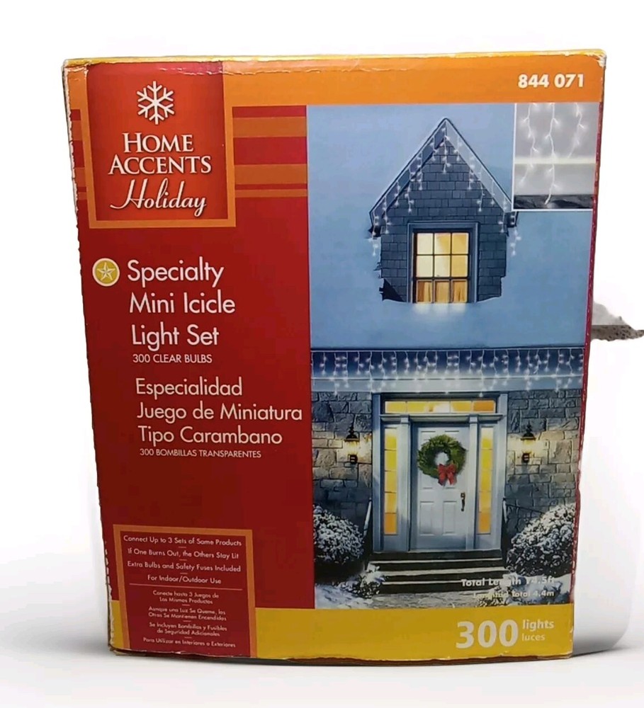 Home Accents Holiday 300-Count Clear Icicle Lights~ 14.5 Ft Indoor/ Outdoor