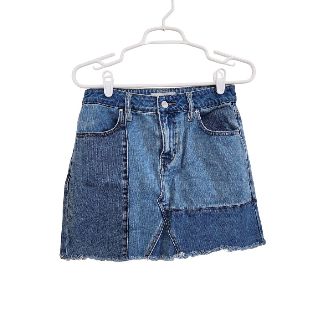 Y2K Vintage Pacsun Patchwork Denim Mini Skirt Blue Cotton Raw Hem Size 25