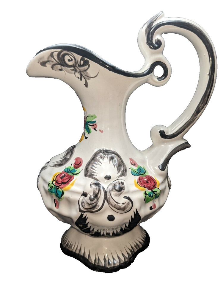 VTG Portugal Pottery Vestal Alcobaca Hand Painted Small Pitcher Vase Ewer 1036