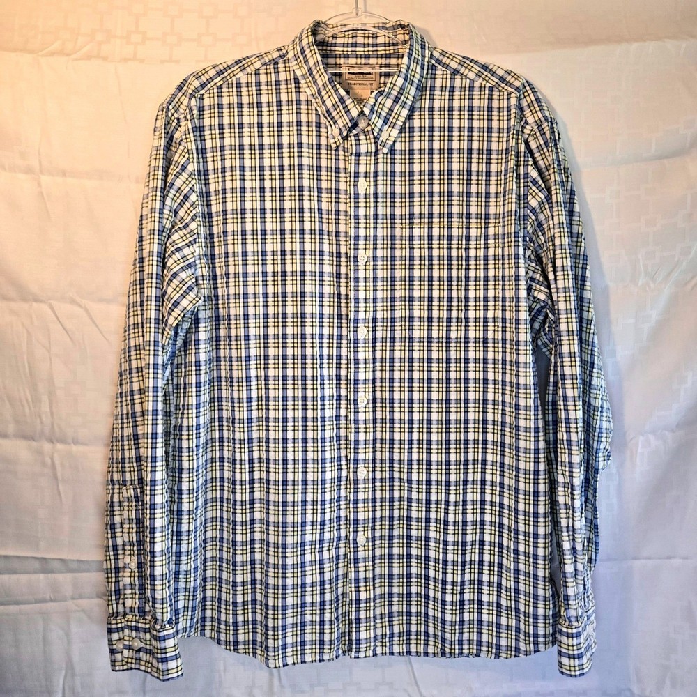 LL Bean Mens Traditional Fit Organic Cotton Seersucker Plaid Shirt Blue M-REG