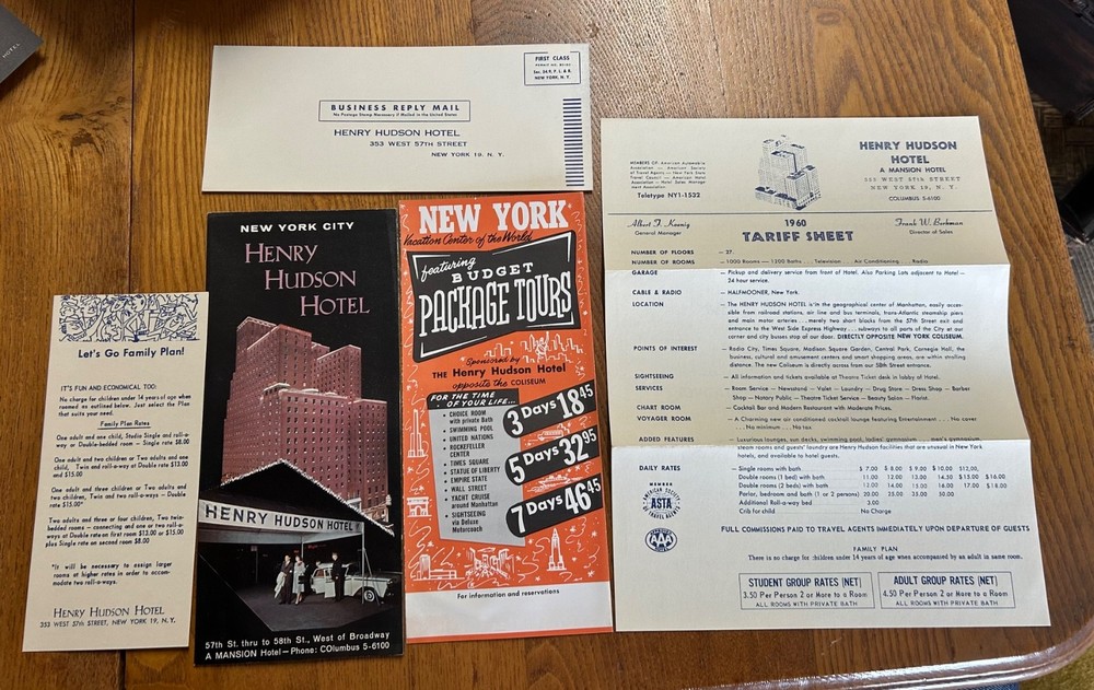 Vintage 1960 Henry Hudson Hotel Brochure Package NYC New York City NY