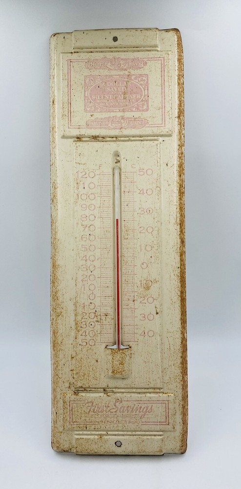 Vintage First Savings Bank of Washington Tin Advertising Thermometer 14x4.75 Retro Collectible