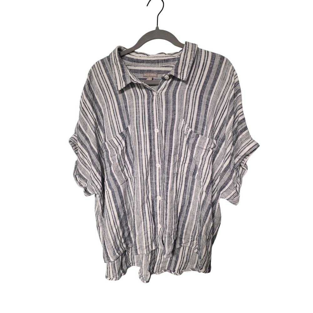 Women's 3X Linen Blend Button Down Shirt Plus White Grey Striped LagenLook Norm