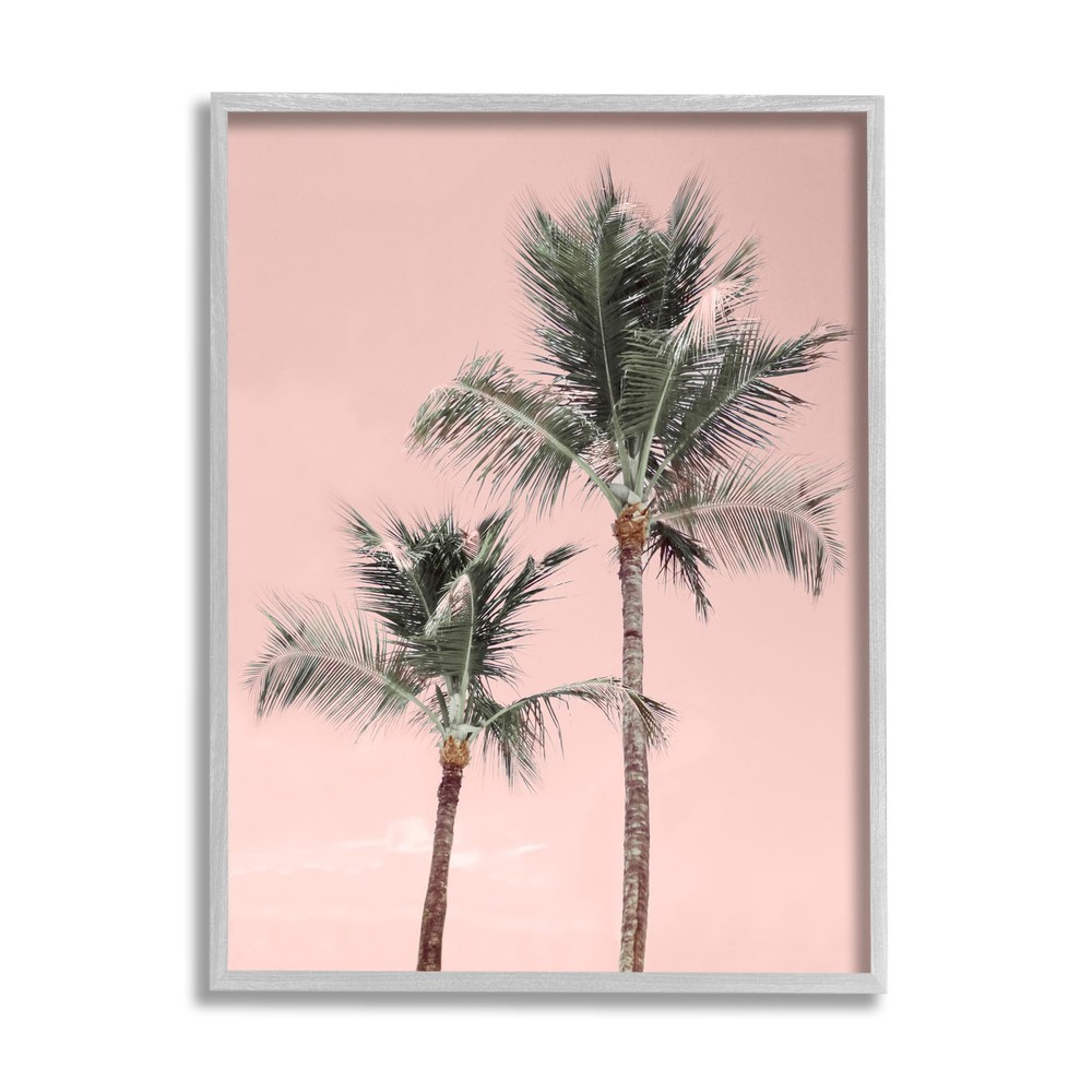 Pink Summer Palm Trees Gray Framed Giclee Art Design by Natalie Carpentieri