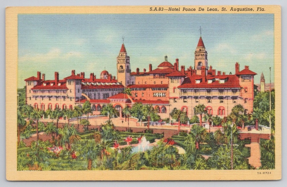 Hotel Ponce de Leon St. Augustine FL Linen Postcard 1930s Spanish Architecture