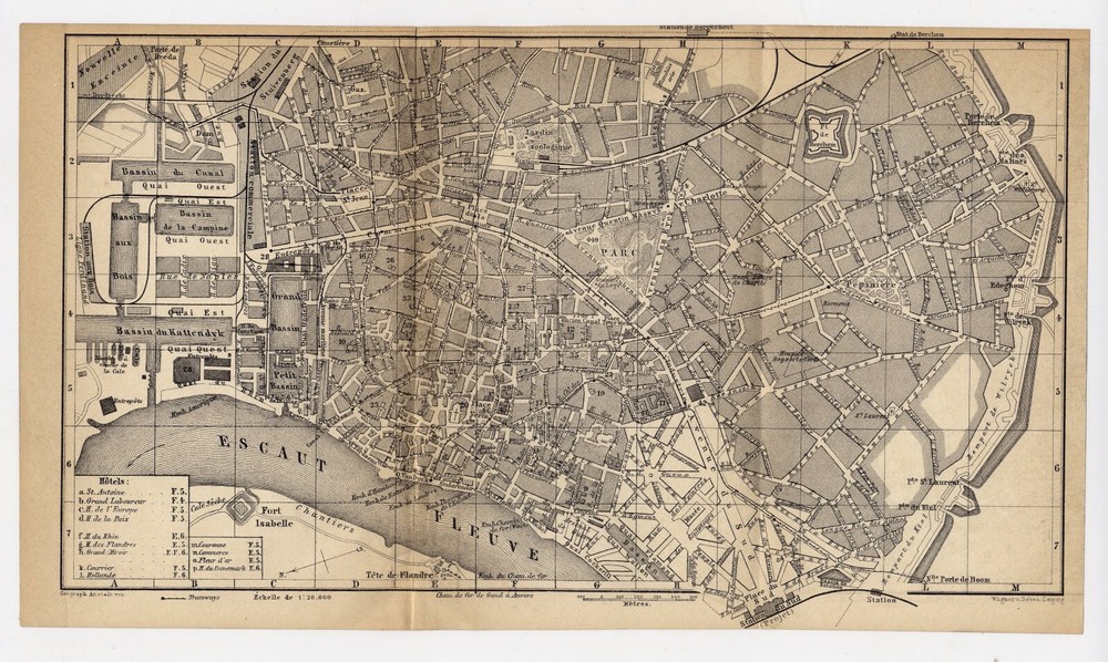 1881 Antique City Map Of Antwerp / Antwerpen / Anvers / Belgium