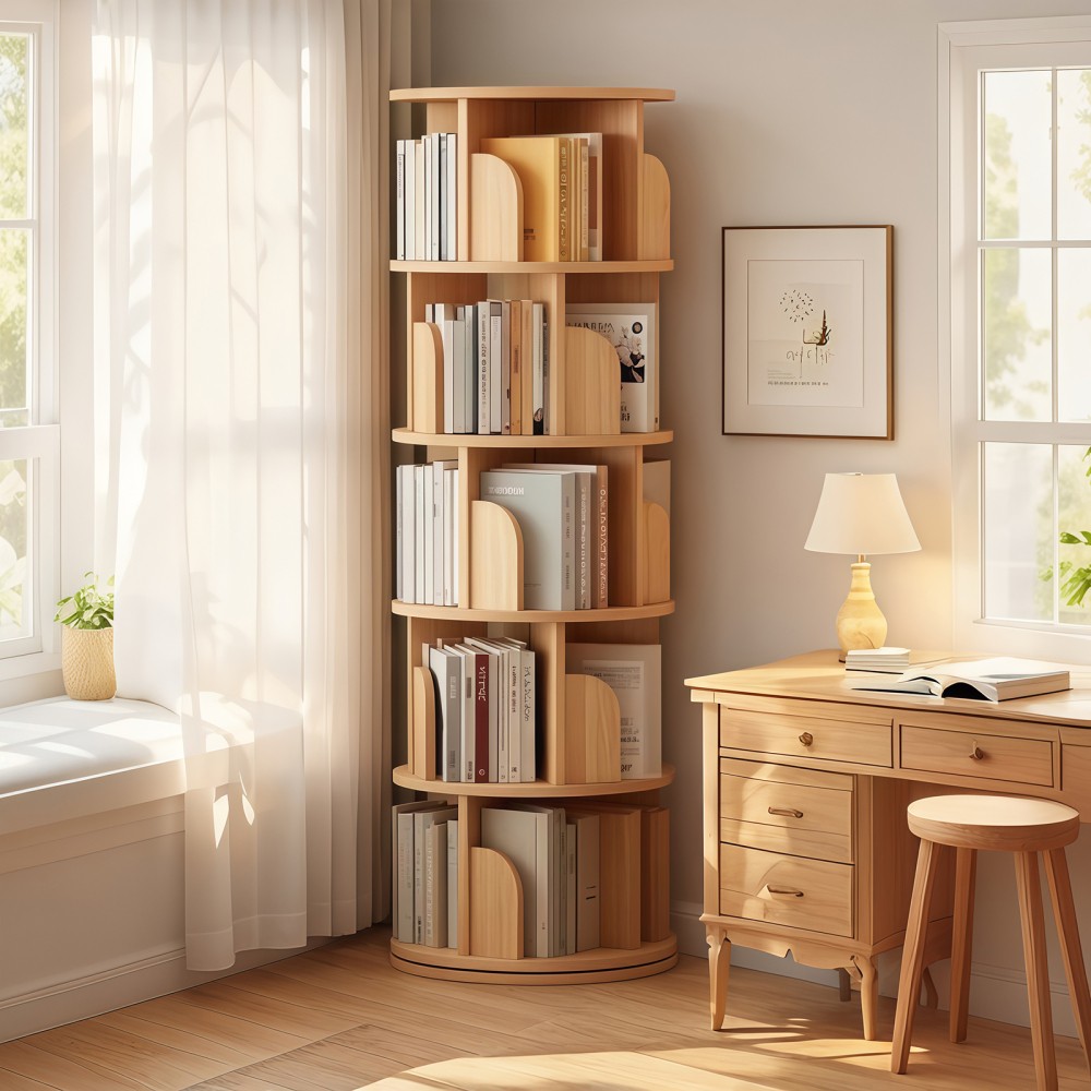 5-Tier Rotating Bookshelf 360° Rotation Features Five Shelving Levels