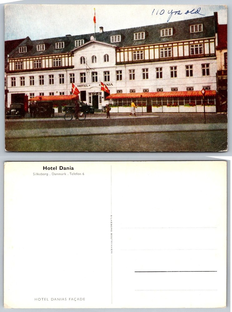 Hotel Dania Silkeborg Denmark Postcard Vintage 1950s Danish Flag Facade
